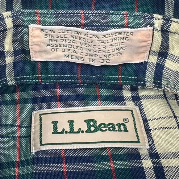VTG 70’s LL Bean Shirt Mens 16 32 Long Sleeve Button Up Plaid Green Blue Ivory - Picture 3 of 7